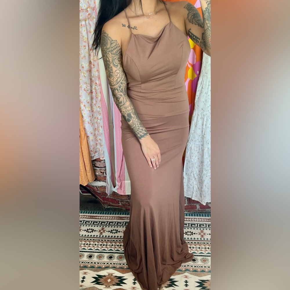 mocha open tie back maxi